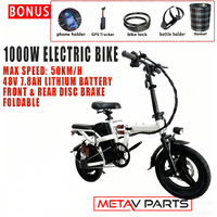 Adult 1000W Electric Bike Foldable E Bicycle Mountain e Bikes 14" 3 Speed 50km/h